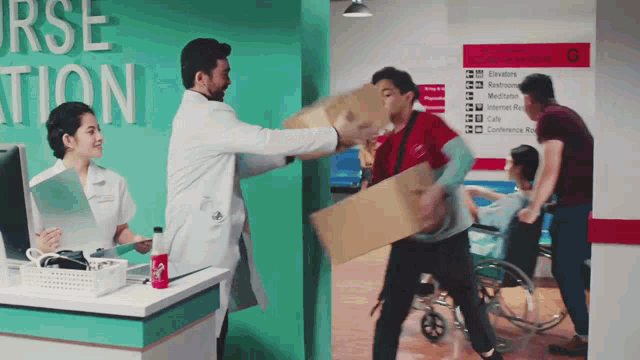 a man in a wheelchair is being helped by a doctor in a hospital
