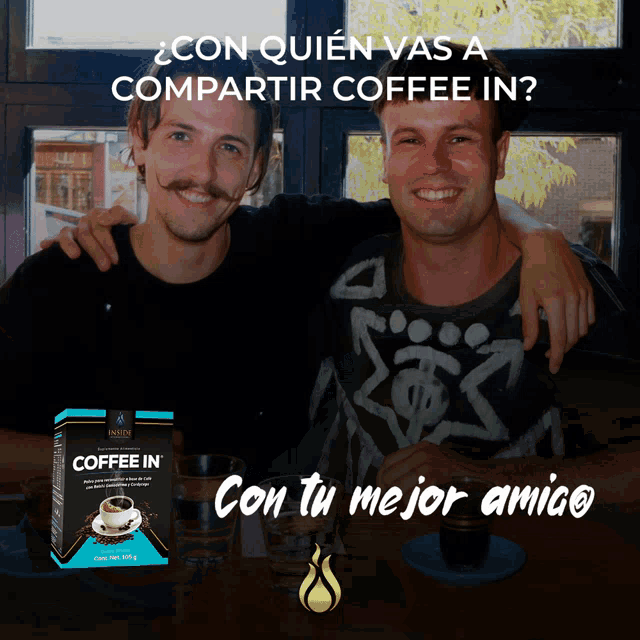 two men are sitting at a table with a box of coffee in between them