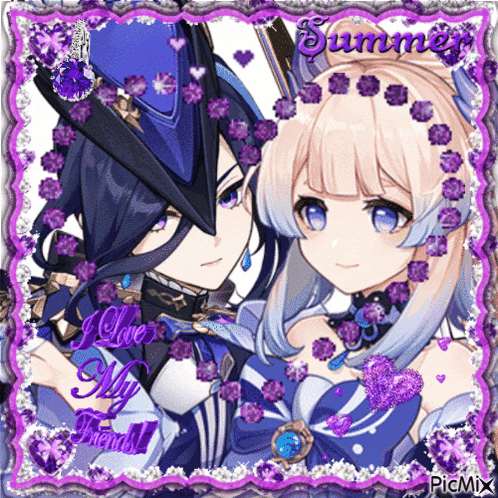 a picture of two anime characters with purple flowers and the words i love my friends at the bottom