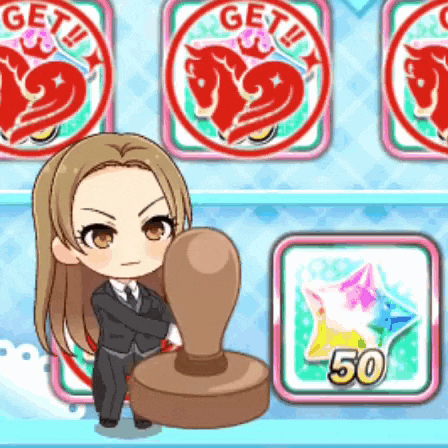 a girl in a suit is stamping a stamp that says get !!