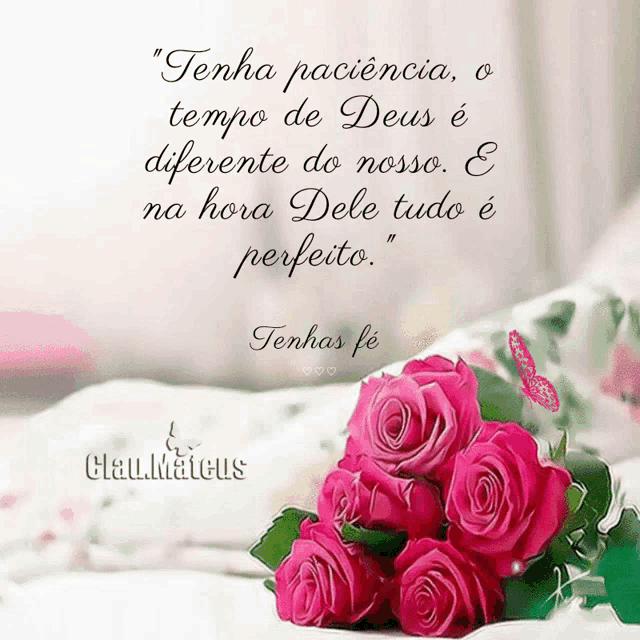 a bouquet of pink roses sits on a bed next to a quote by clau.mateus