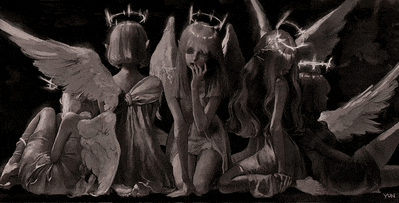 a black and white drawing of four angels with crowns on their head