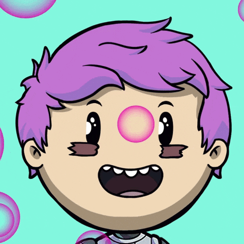 a cartoon of a boy blowing soap bubbles with purple hair