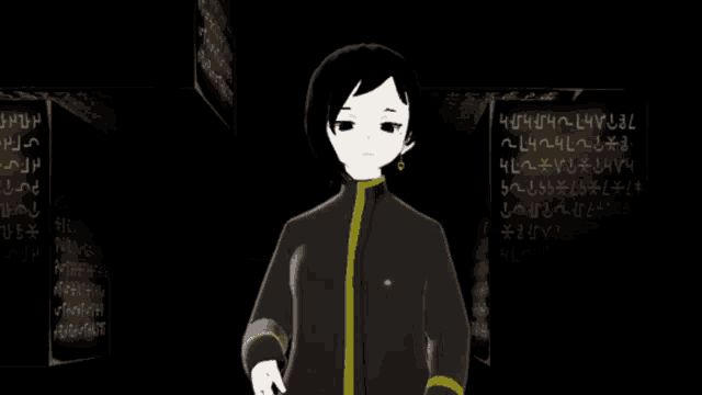 a girl in a black jacket stands in front of a wall with chinese writing