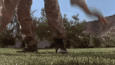 a person in a camouflage uniform is standing on a lush green field .
