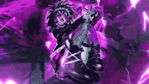 a purple background with a purple lightning bolt and a purple girl in a black outfit .