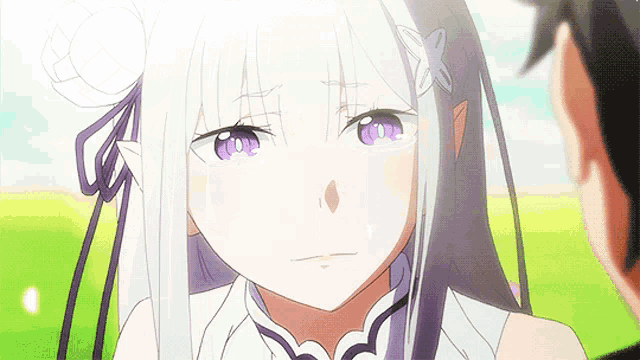 a girl with white hair and purple eyes is looking at a man .