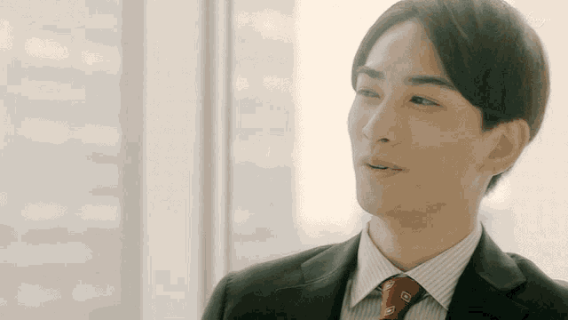 a man in a suit and tie is smiling and looking out a window