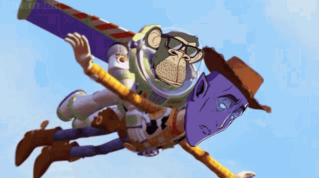 woody and buzz lightyear from toy story are flying in the air