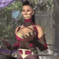 a woman in a costume is smiling and holding her breasts in a video game .