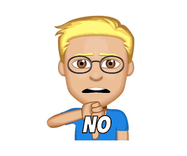 a man wearing glasses and a blue shirt that says no on it