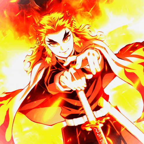 a man with red hair is holding a sword with chinese writing on the handle