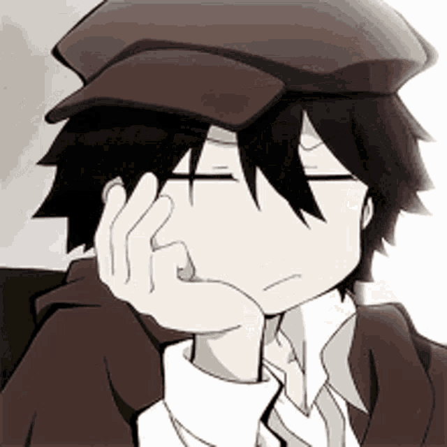 a close up of a person wearing a hat and tie with their hand on their chin .