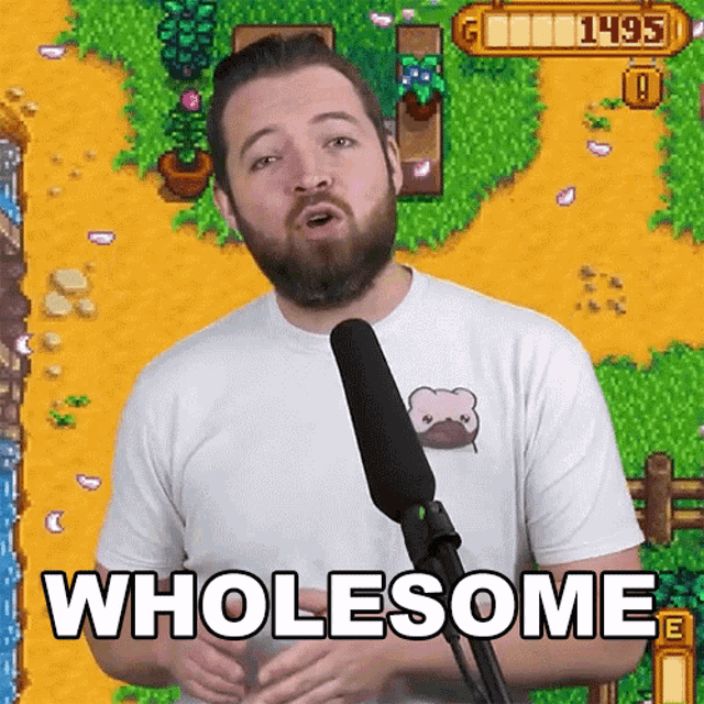 a man with a beard is talking into a microphone and says wholesome