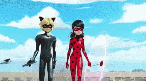 ladybug and cat noir from miraculous ladybug are standing next to each other on a roof .