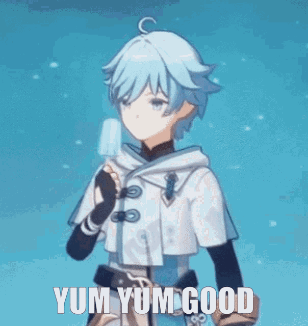 a boy with blue hair is holding an ice cream cone and says yum yum good .