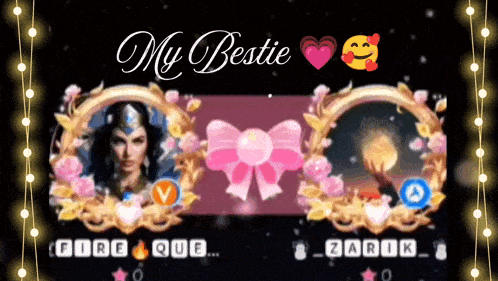 a picture of wonder woman and a picture of a pink bow with the words " my bestie "