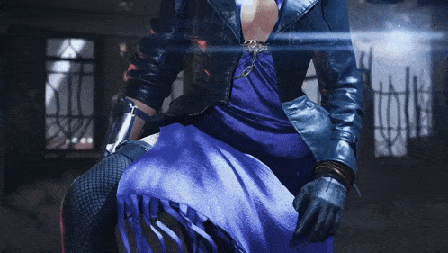 a woman in a purple dress and a black jacket