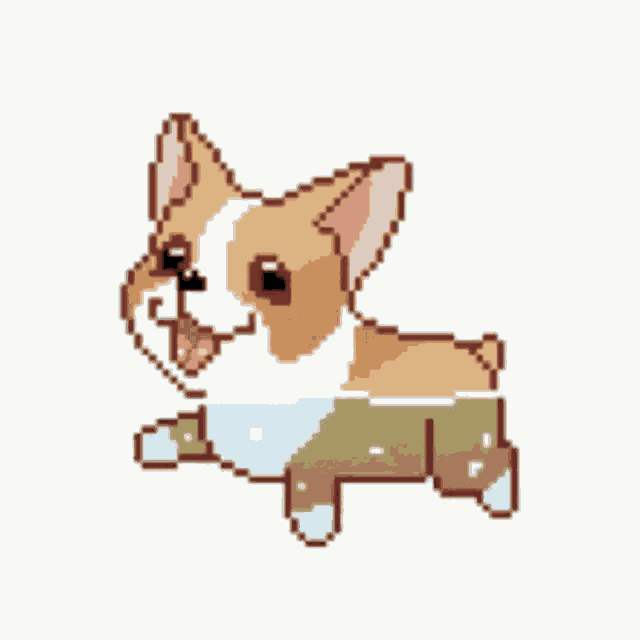 a pixel art illustration of a corgi dog jumping in the air .