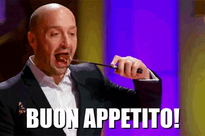 a man in a suit is eating a piece of meat with the words buon appetito written below him