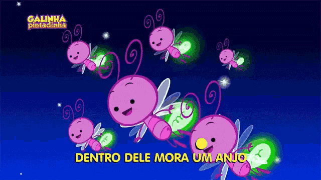 a cartoon of a group of pink fireflies with the words dentro dele mora um anjo above them