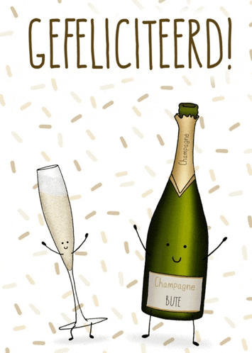 a bottle of champagne and a glass of champagne are standing next to each other on a card that says gefeliciteerd