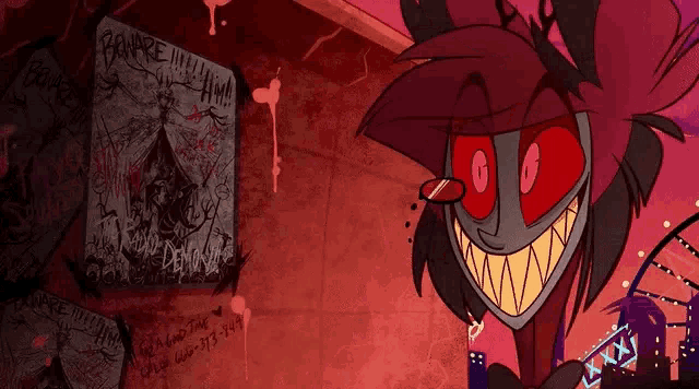 a cartoon character with red eyes and big teeth is smiling in front of a sign that says beware