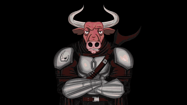 a cartoon of a bull wearing armor and a sword