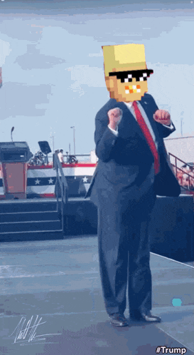 a man in a suit and tie is wearing a hat and sunglasses and has #trump written on the bottom