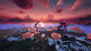 a video game scene shows a man flying through the air with a sword