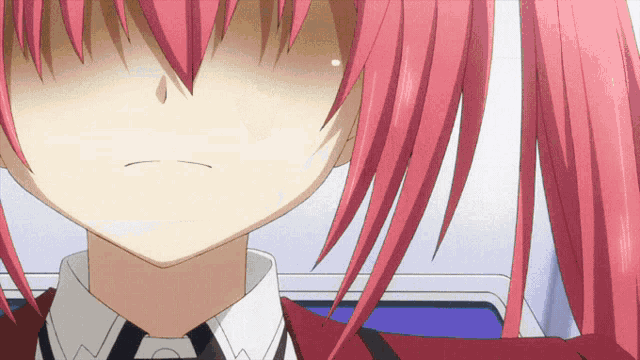 a close up of a girl 's face with pink hair and a white shirt