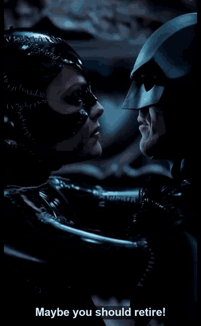 a man in a batman costume has the words maybe you should retire below him