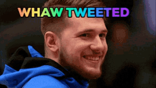 a man in a blue hoodie is smiling with the words whaw tweeted below him