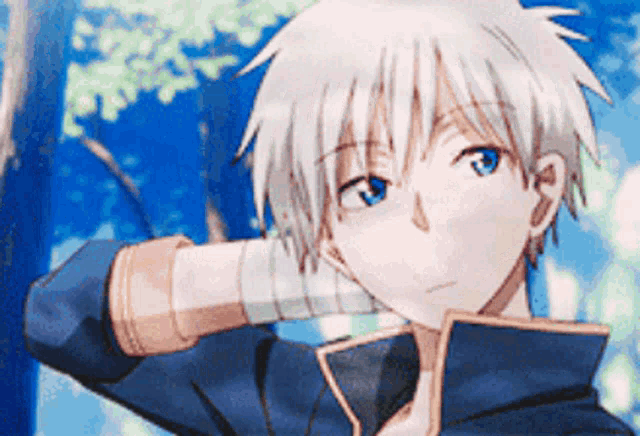 a boy with white hair and blue eyes is standing in the woods