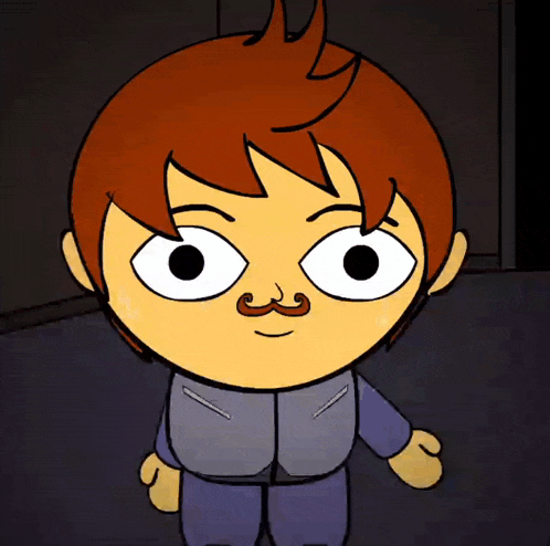 a cartoon character with red hair and a mustache is standing in a dark room