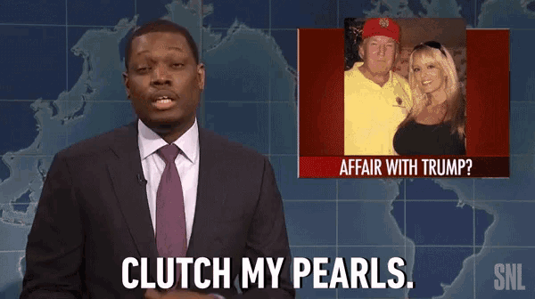 a man in a suit and tie says " clutch my pearls " in front of a picture of trump and his wife
