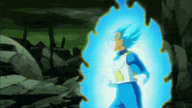 a cartoon character with blue hair is running through a dark cave
