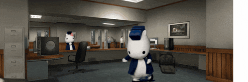 a hello kitty mascot is standing in a room with a chair