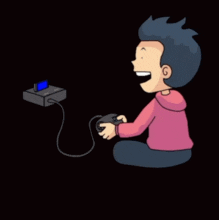 a cartoon boy is playing a video game with a controller
