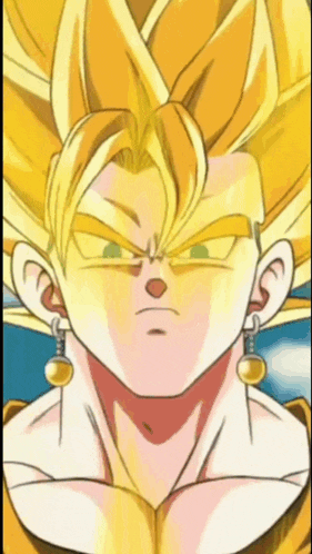 a close up of a cartoon character 's face with gold hair and earrings