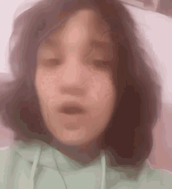 a close up of a girl 's face with freckles and a green hoodie .