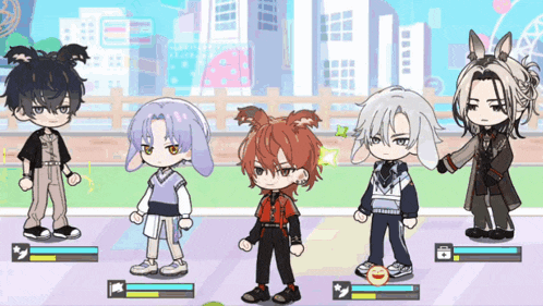 a group of cartoon characters are standing next to each other in front of a city