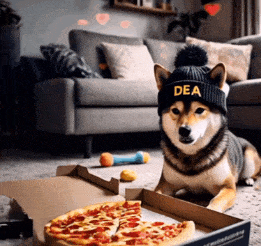 a dog wearing a hat that says dea laying next to a pizza box