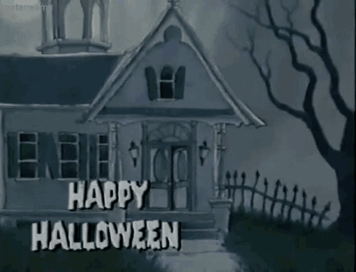 a cartoon of a haunted house with the words `` happy halloween '' on it