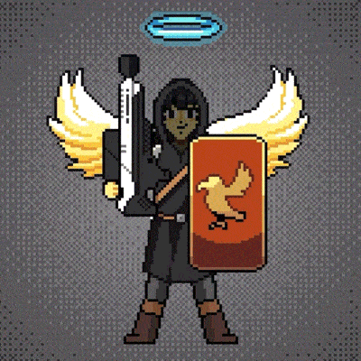 a pixel art of a person with wings holding a shield and a gun