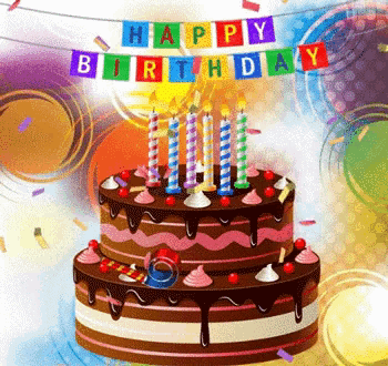 a birthday cake with candles and a banner that says " happy birthday "
