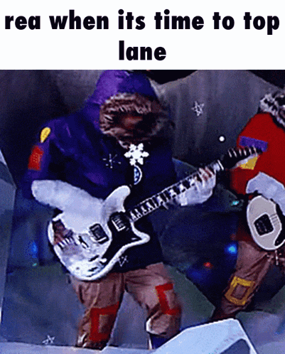 a man in a purple jacket is playing a guitar with the words " rea when its time to top lane " above him