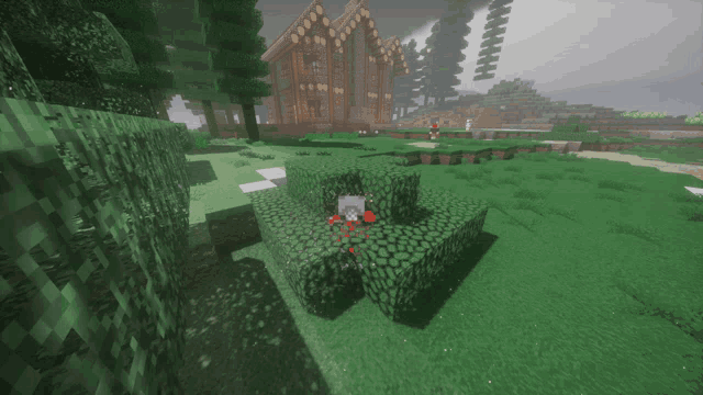 a screenshot of a minecraft game shows a house in the background