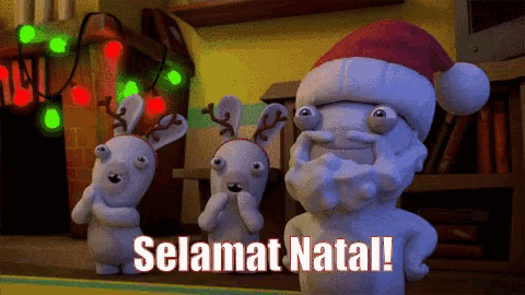 a cartoon of three rabbits wearing santa hats with the words selamat natal below them