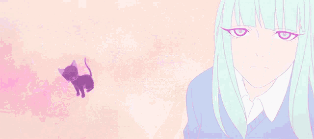 a purple cat is looking at a small white object on a pink background